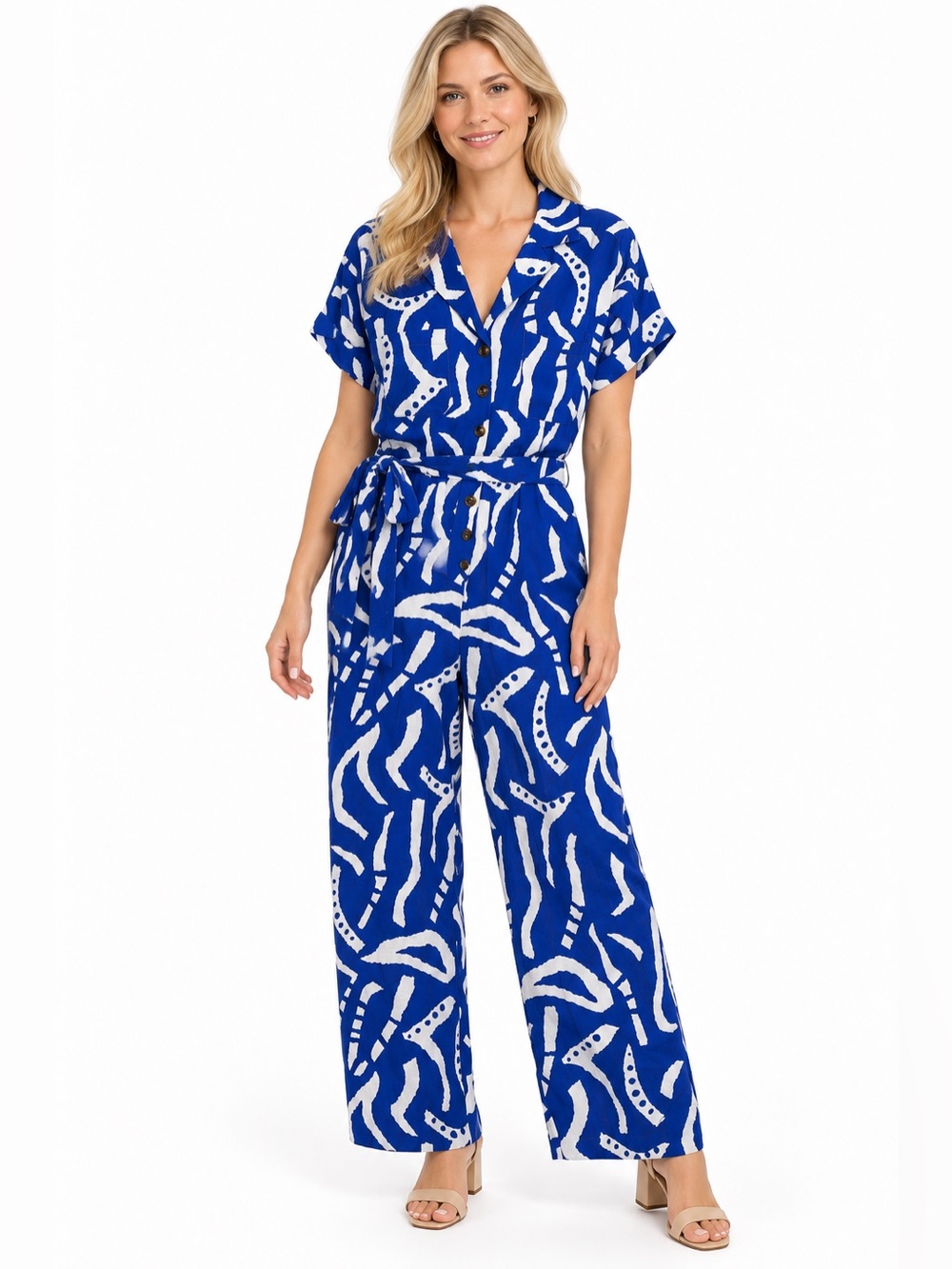 Entro NWT Size Large Blue Abstract Print Short-Sleeve Wide Leg Jumpsuit
